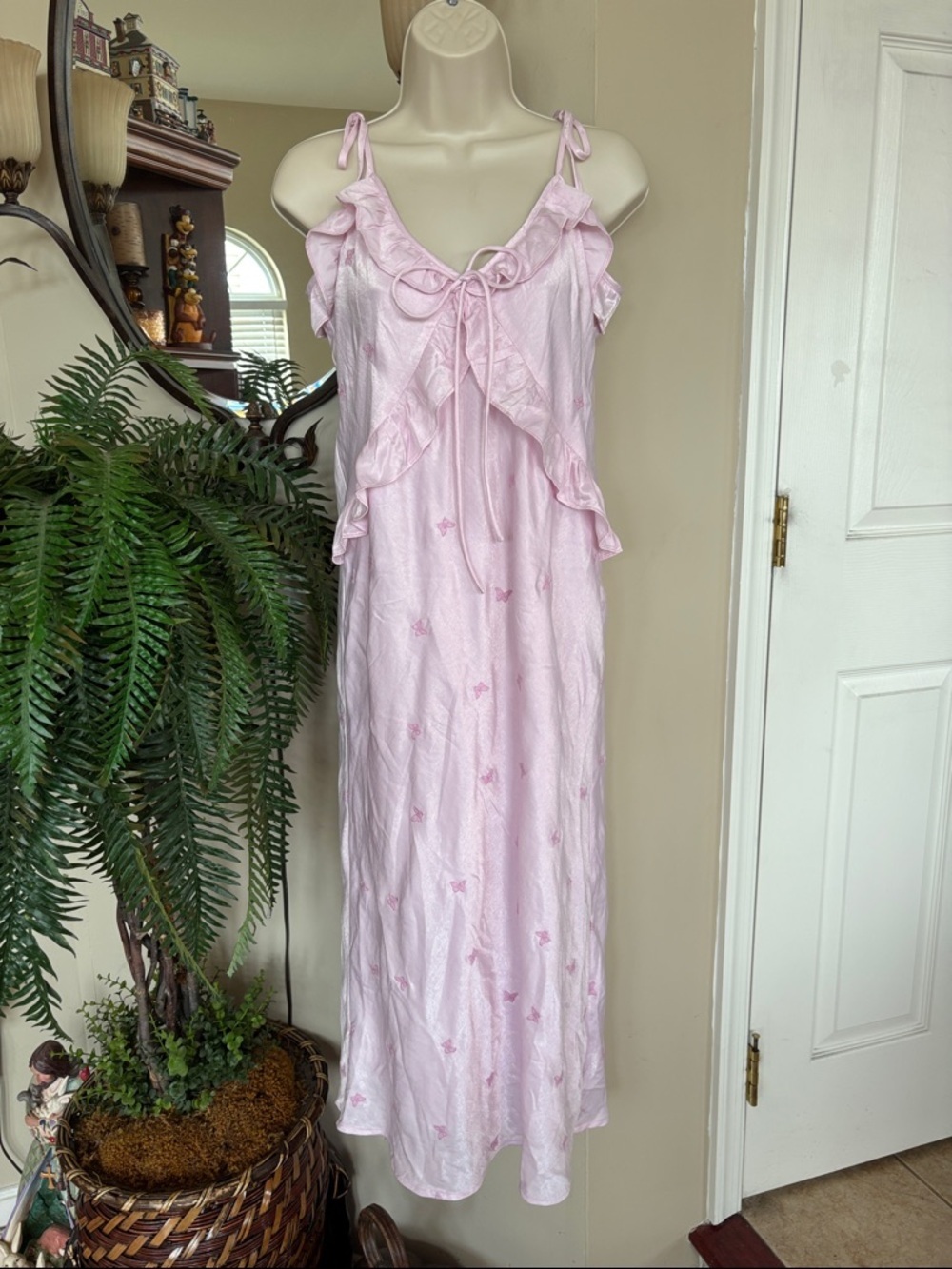 Wild Fable Light Pink Ruffle-Trim Satin Slip Dress w/ Butterfly Embroidery Bows